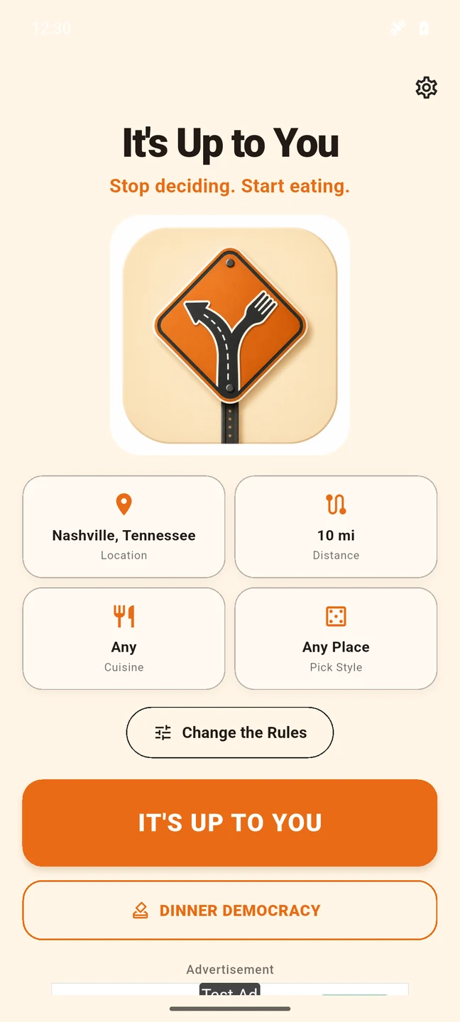 The real It’s Up to You Home screen, showing Change the Rules, the restaurant picker and Dinner Democracy